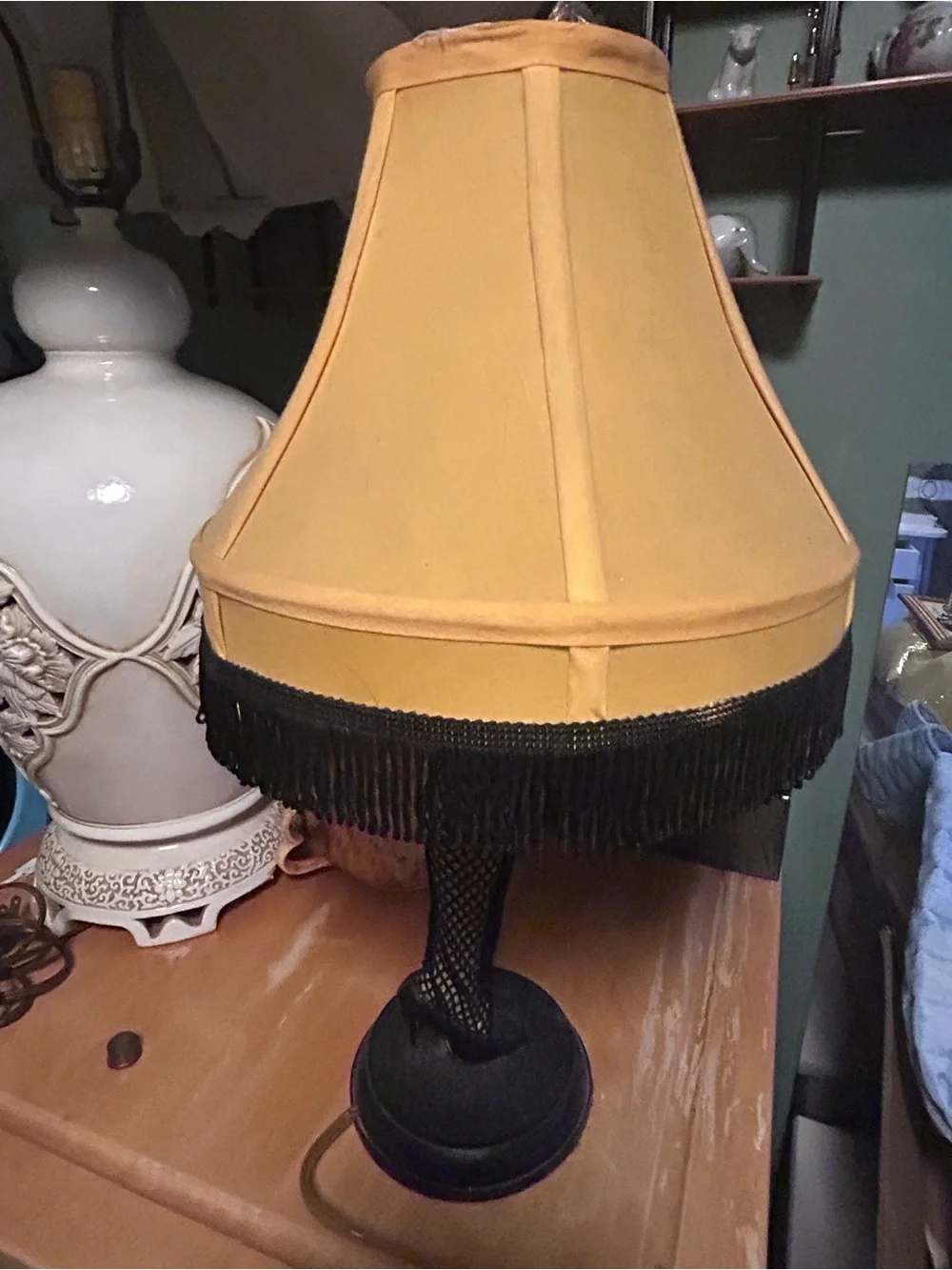 Vintage-Inspired Christmas Story Fishnet Leg Table Lamp with Gold Shade